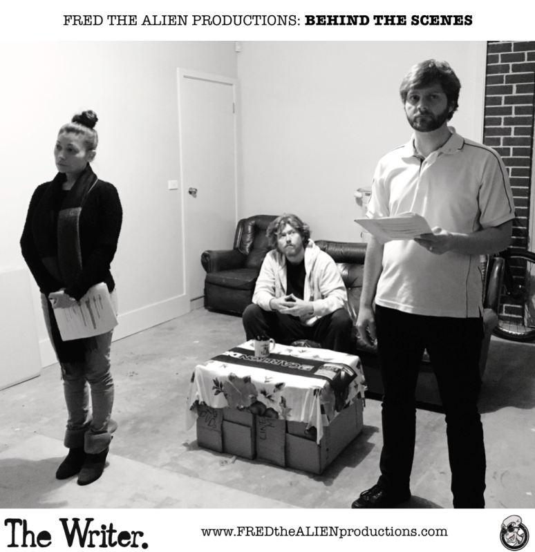 Kerrie Gee, Aaron Trevaskis, and Michael R. Lister workshopping the dynamics between their characters, Elizabeth, Richard, and Geoffrey.